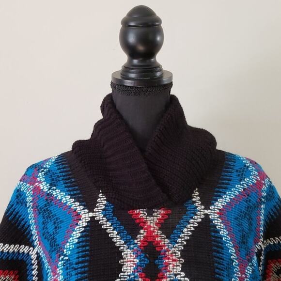 Molina VINTAGE Folk Mexican Western Aztec Fringe Poncho Boho Festival Black Red - Picture 3 of 5